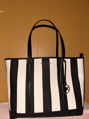 Michael Kors Black White Striped Purse Large Tote Retails For $500 Brand  New