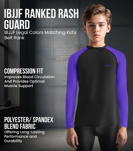Exxact Sports Long Sleeve Kids BJJ Rash Guard, No Gi Compression Shirt - Picture 43 of 55