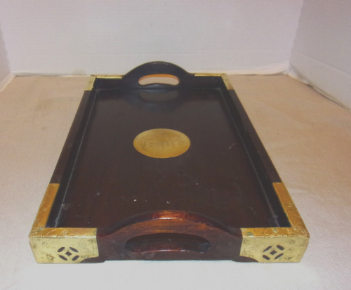 Solid Cherry Wood Serving Tray/Solid Brass Engraved Medallion & Cornices: Japan - Picture 9 of 14