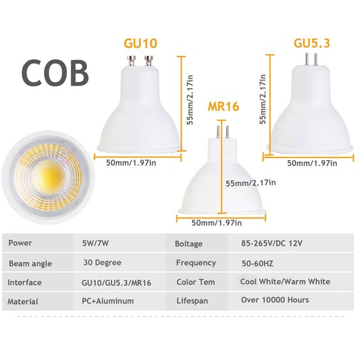 LED Spotlight COB GU10 MR16 GU5.3 Base 5W 7W AC 110V 220V DC 12V Light Bulbs - Picture 3 of 14