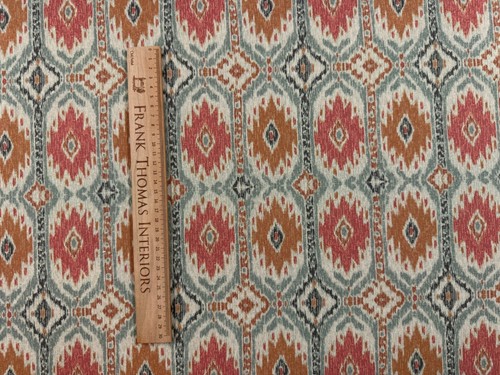 Tapicería ciega cortina aguamarina y terracota tela lino Meican Ikat - Imagen 6 de 7