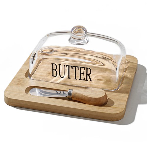 Bamboo Butter Dish Container with Glass Lid & Cutter Storage Kitchen Farmhouse - Picture 7 of 12