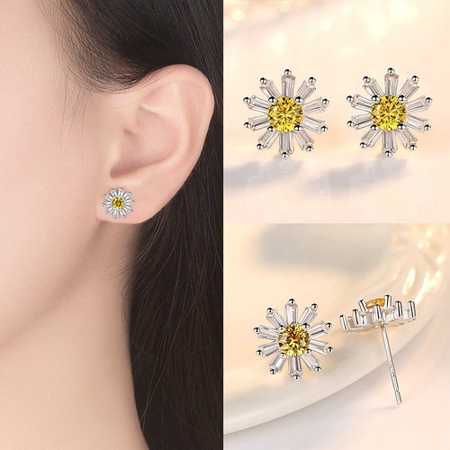 Silver Yellow CZ Women Elegant Stud Earrings Jewellery Sun Flower Daisy - Picture 3 of 6