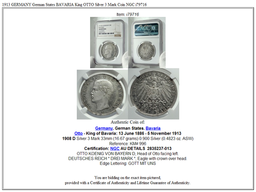 1913 GERMANY German States BAVARIA King OTTO Silver 3 Mark Coin NGC i79716 - Picture 5 of 5