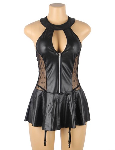 Sexy Plus Size 8-22 Faux Leather Babydoll Dress Chemise Lingerie Strappy - Picture 7 of 9