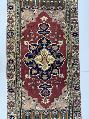 2.9x5.7 Vintage Turkish Rug, Handmade Wool Oriental Carpet, Red Navy Beige Rug - Picture 5 of 11