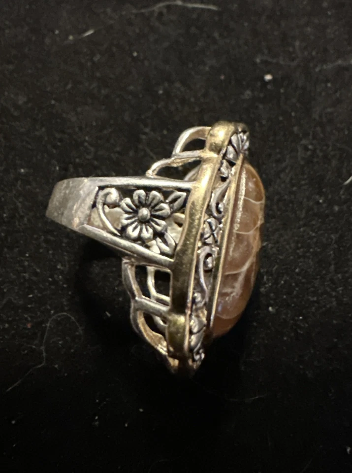 Anillo de dos tonos concha de amonita marrón rodio y oro amarillo de 18k/plata talla 7 Foto 3 de 3