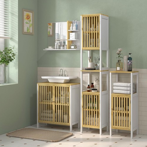 Bathroom Cabinet Cupboard Slim Narrow Storage Unit Shelving Freestanding Bamboo - Picture 12 of 19