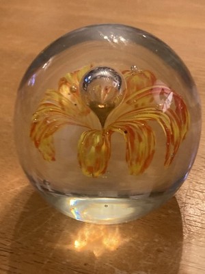 Glass Paper Weight With Yellow & Orange Flower 2.5 Inch Art Glass