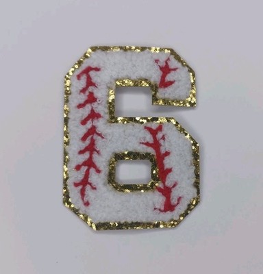 Iron On Patch Number 6 Or 9 Gold Glitter Baseball Theme 2'' x 3'' New