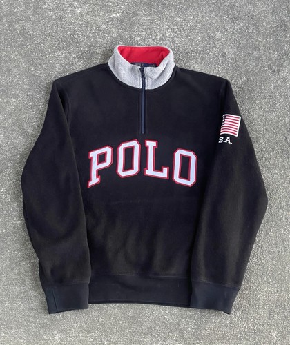 Polo Ralph Lauren Hombre Spellout 1/4 Cremallera Polar Pullover Talla Pequeña Bandera EE. UU. Negro - Imagen 3 de 8
