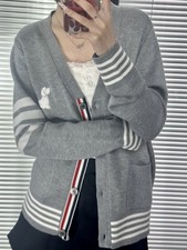 Thom Browne Women's Autumn New Striped Puppy Embroidery V-neck Wool Cardigan 9