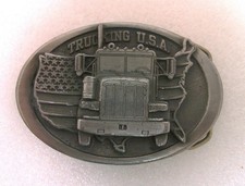 Vintage Pewter Belt Buckle "Trucking U.S.A." Semi Truck In Front of Flag