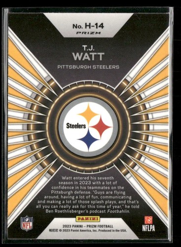 2023 Panini Prizm #H-14 T.J. Watt Hype Prizms Green Pittsburgh Steelers - Picture 2 of 2
