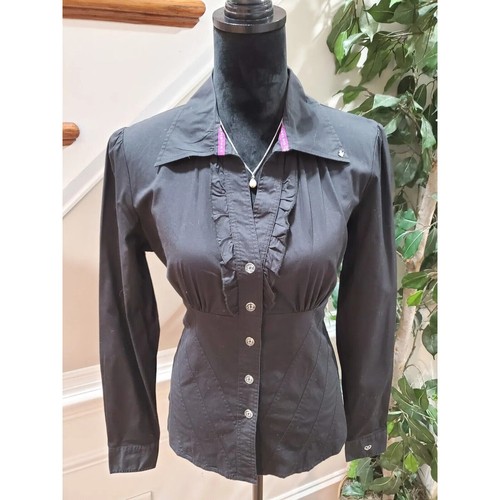 Luxire Women Black Cotton Collared Long Sleeve Button Down Casual Shirt Size XL - Picture 2 of 11