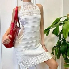 Venus white halter top knit crocheted bodycon mini dress size medium M b50