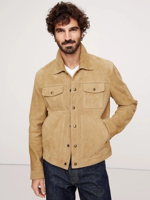 Beige Trucker Real Suede Leather Jacket For Men
