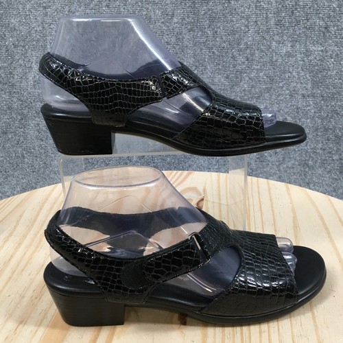 Sas Sandals Women 8S Suntimer Slingback Black Croc Embossed Peep Toe Block Heels - Picture 1 of 19