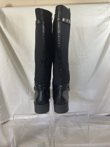 Schwarze kniehohe PU-Lederstiefel Größe 7 klobiger Absatz Reitstil seitlicher Reißverschluss Stretch - Bild 10 von 24