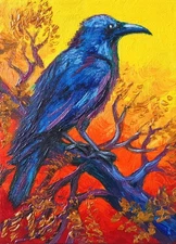 Original Oil Wildlife Painting Raven Bird Art Colorful Expressionist Nature