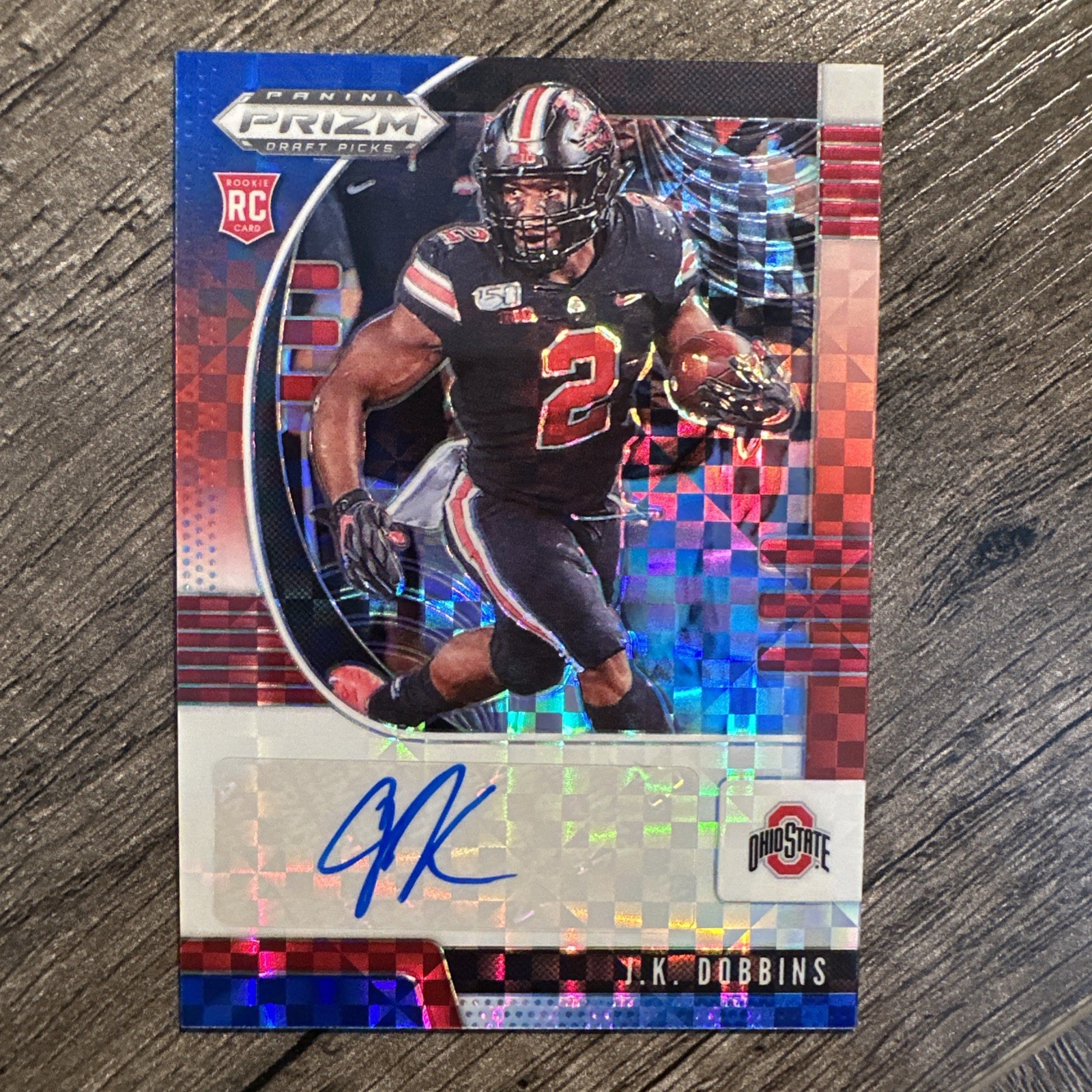 J.K. Dobbins 2020 Prizm Draft Picks Red White Blue Prizm Rookie Auto RC 93/99