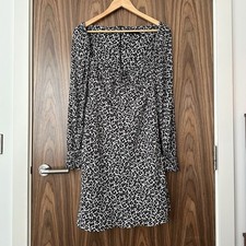 Zara Grey Leopard Print Tie Neck Long Sleeve Shirred Cuff Mini Dress XL