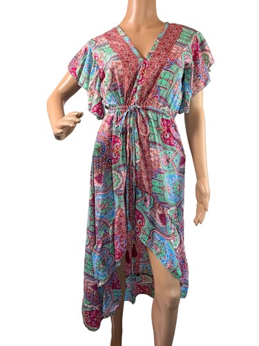 Damen türkis rosa Paisley Kleid SM künstlerisch Seide fließend Boho Chic Gypsy Fernweh - Bild 2 von 15