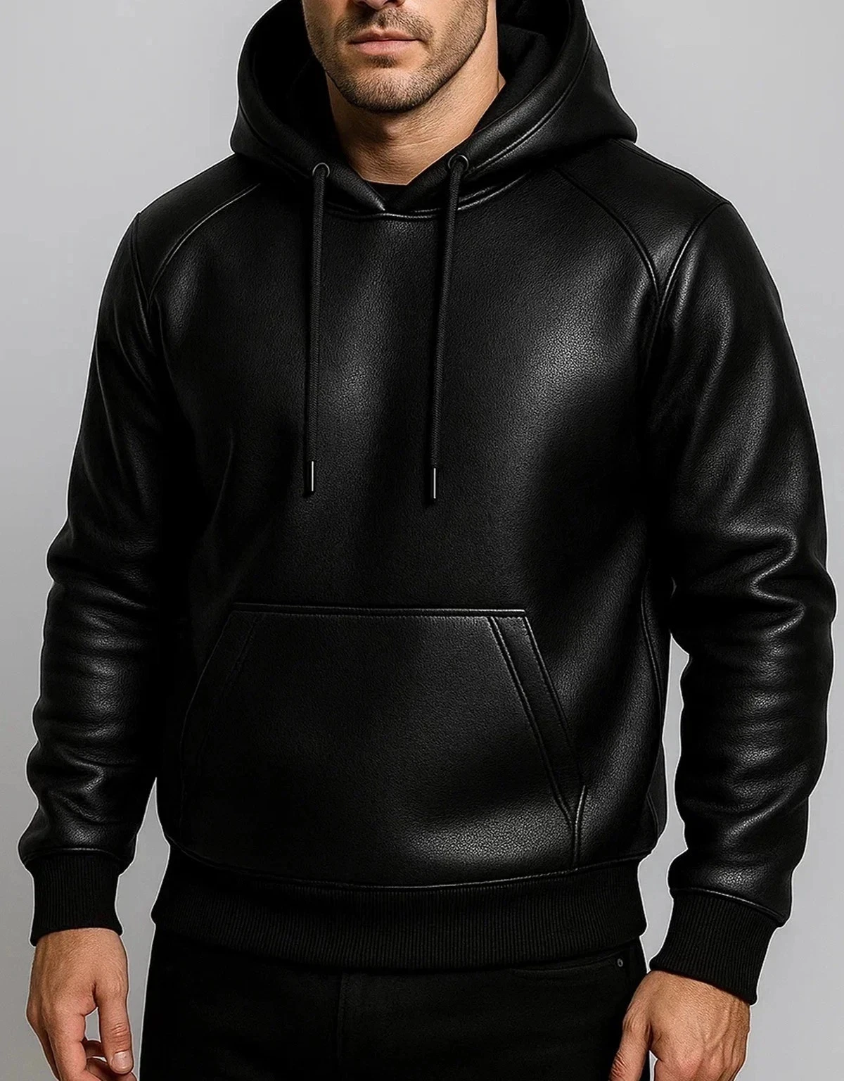 New Men's Black Genuine Lambskin Handmade Leather Hoodie Jacket Premium Pullover