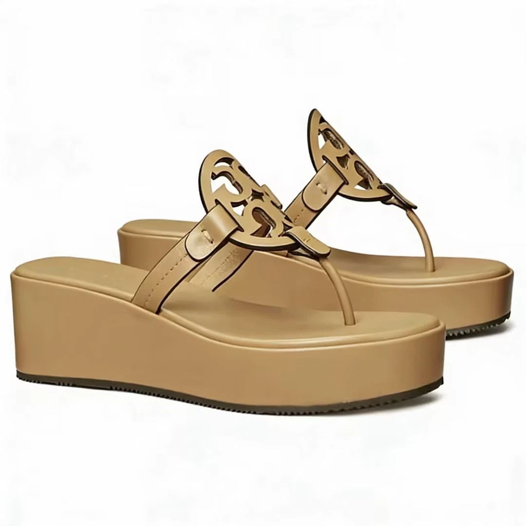 Tory Burch Miller Ginger Shortbread Leather Wedge Flip Flop Sandals Women's US 8
