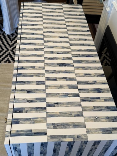 BONE INLAY 3 DRAWERS SCANDINAVIAN CHEST DRESSER- DYED BLUE STRIPE - Picture 6 of 10