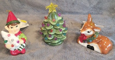 Lighted Ceramic 3 PC Set~Christmas Tree, Elf,& Deer Ornaments
