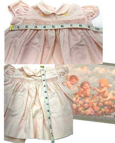 Vintage Soft Pink Smocked NB Baby Girl Dress Pockets Embroidery - Picture 8 of 11