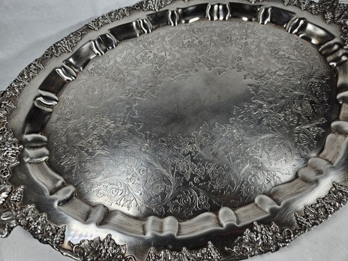 Antique Silver Tray B.M. Co. Nickle Silver Large 24" Grapes Vineyard Leaf  - Picture 11 of 15