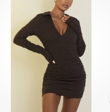 Pretty Little Thing Size 8 Chocolate Textured V Neck Polo Collar Bodycon Dress
