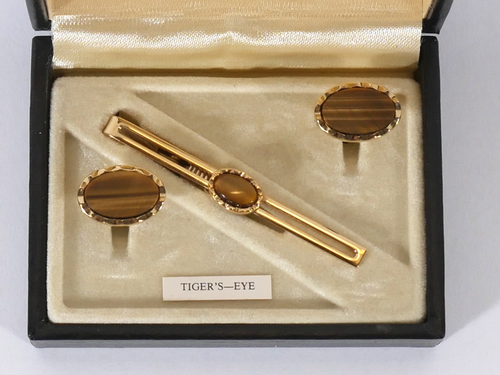 Set gemelli e fermacravatta vintage Stratton occhio di tigre F. Hinds made in England - Foto 3 di 16