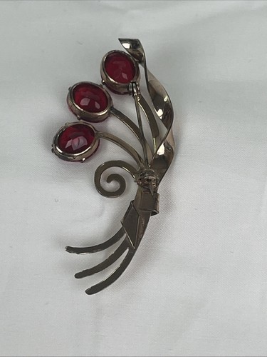 Grande broche vintage argent massif métal or rose verre rouge strass - Photo 5/8