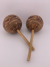 Vintage Hand Carved Wooden Maracas Set Folk Art Etched Gourd Rattles Decor