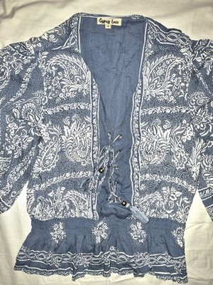 Gypsy Love Blue White Floral Bohemian Tie V-Neck Balloon Sleeve Blouse L