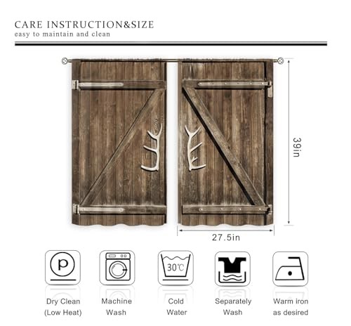 Farmhouse Kitchen Curtains Rod Pocket 27.5W x 39L Inch Brown Barn Door Wooden - Picture 6 of 6