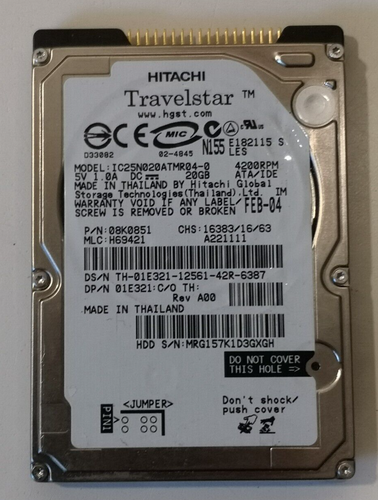 Hitachi Travelstar 20 GB HDD 2,5 " ATA 44 IDE 4200 RPM IC25N020ATMR04-0 - Bild 1 von 4