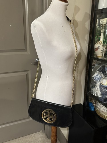 Tory Burch Reva Black Leather Fold Over Clutch Shoulder Bag Chain Strap Gold - Picture 14 of 15