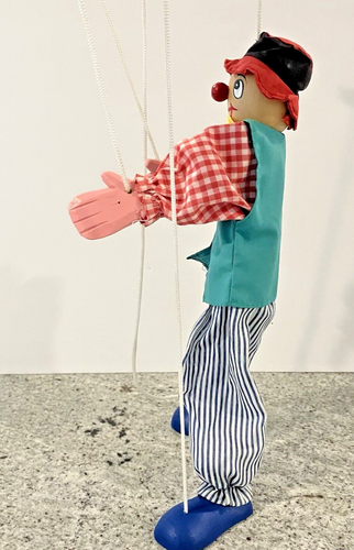 Vintage Collectible Wooden MARIONETTE CLOWN Puppet Striped Pants Red Hat 18" - Picture 10 of 16