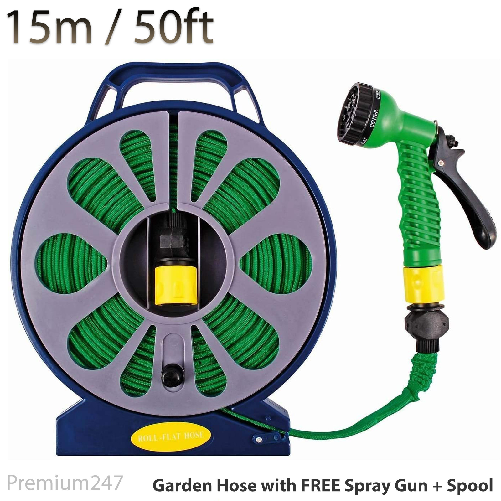 50FT/15M Flat Garden Hose Watering Pipe Reel With FREE Spray Gun Nozzle Outdoor