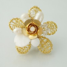 Vibrant Flower Blossom Brass, Crystal and White Quartz Stone Statement Ring