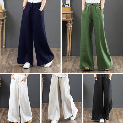Womens Loose Cotton Linen Wide Leg Pants Ladies Summer Holiday Pockets Trousers - Picture 11 of 21