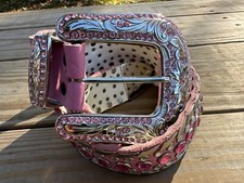Western Ladies Rhinestone Belt, Pink Leather, Pink  White Crystals, Size S