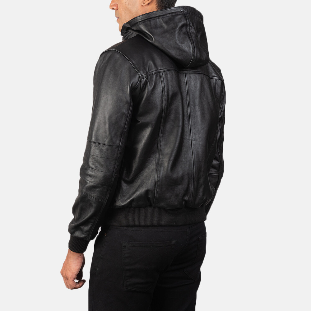 Leather hooded bomber jacket cheap
