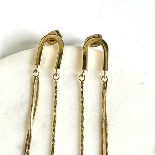Gold Tone Arch Chain Tassel Dangle Earrings Delicate Minimalist Bohemian NEW - Picture 3 of 6