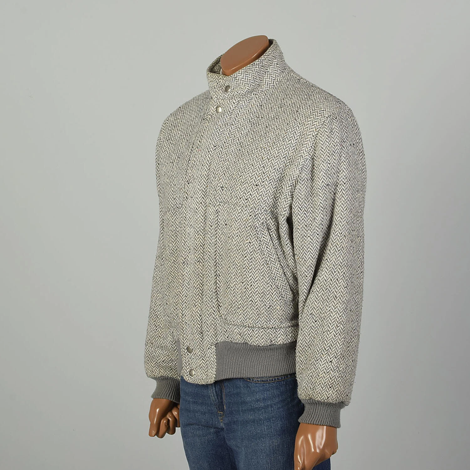  1980s tweed chevron ribbed knit bomber jacket