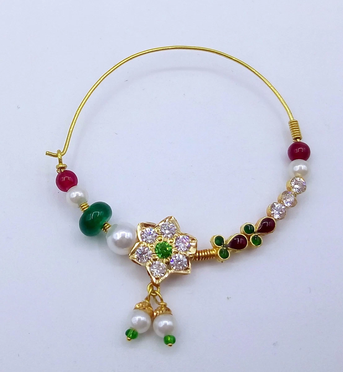 VINTAGE ANTIQUE TRIBAL 20K GOLD BRIDAL NOSE RING NATH CUBIC ZIRCONIA RAJASTHAN 1